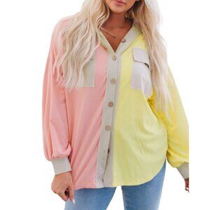 Multicolor Color Block Pocketed Button Down Shirt Jacket With Hood Pink Yellow L